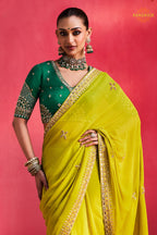 Lime Green Embroidered Silk Saree With Designer Border