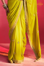 Lime Green Embroidered Silk Saree With Designer Border