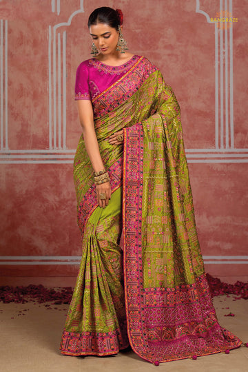 Lime Green Kachi Work Shana Silk Saree With Mirror Work