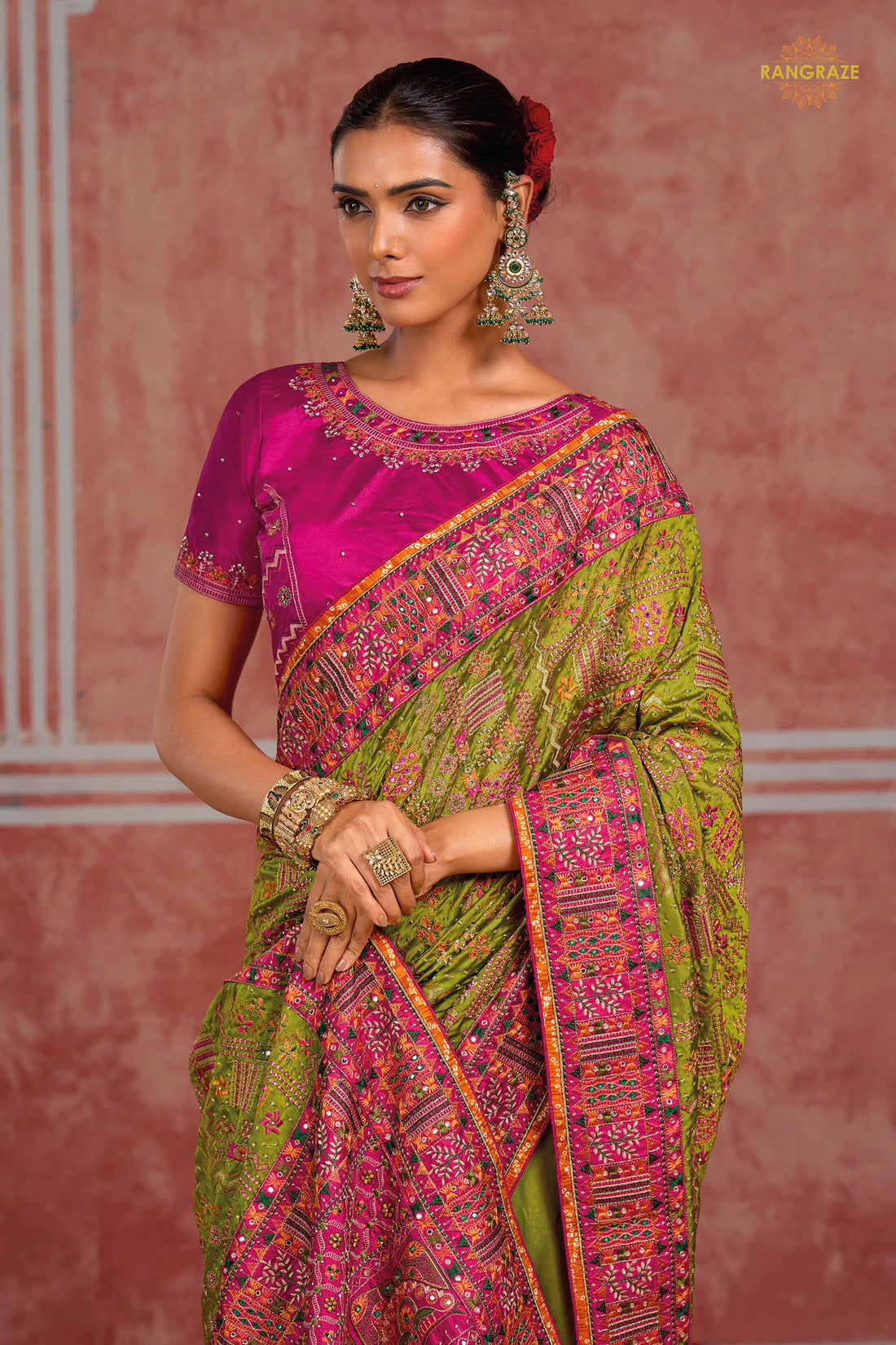 Lime Green Kachi Work Shana Silk Saree With Mirror Work