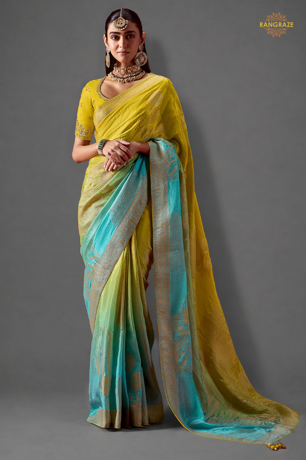 Lime Yellow and Blue Ombre Woven Dola Crape Soft Silk