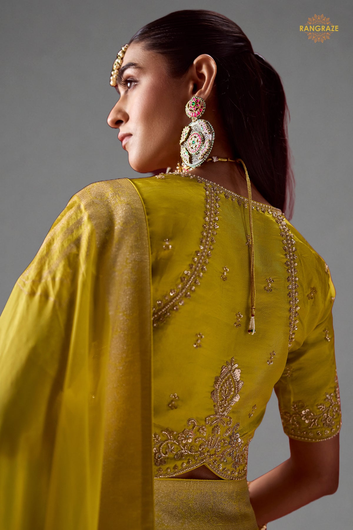 Lime Yellow and Blue Ombre Woven Dola Crape Soft Silk