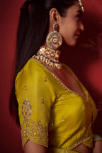 Lime Yellow and Blue Ombre Woven Dola Crape Soft Silk
