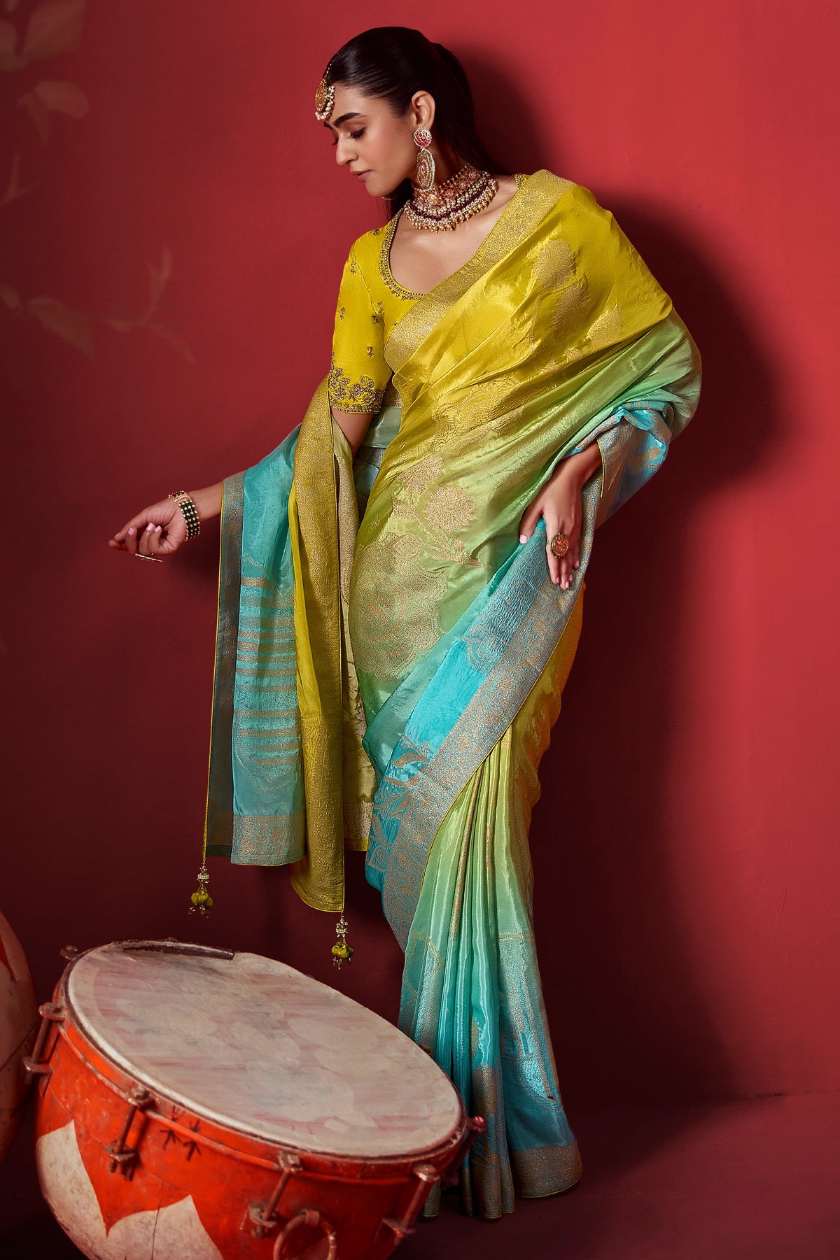 Lime Yellow and Blue Ombre Woven Dola Crape Soft Silk