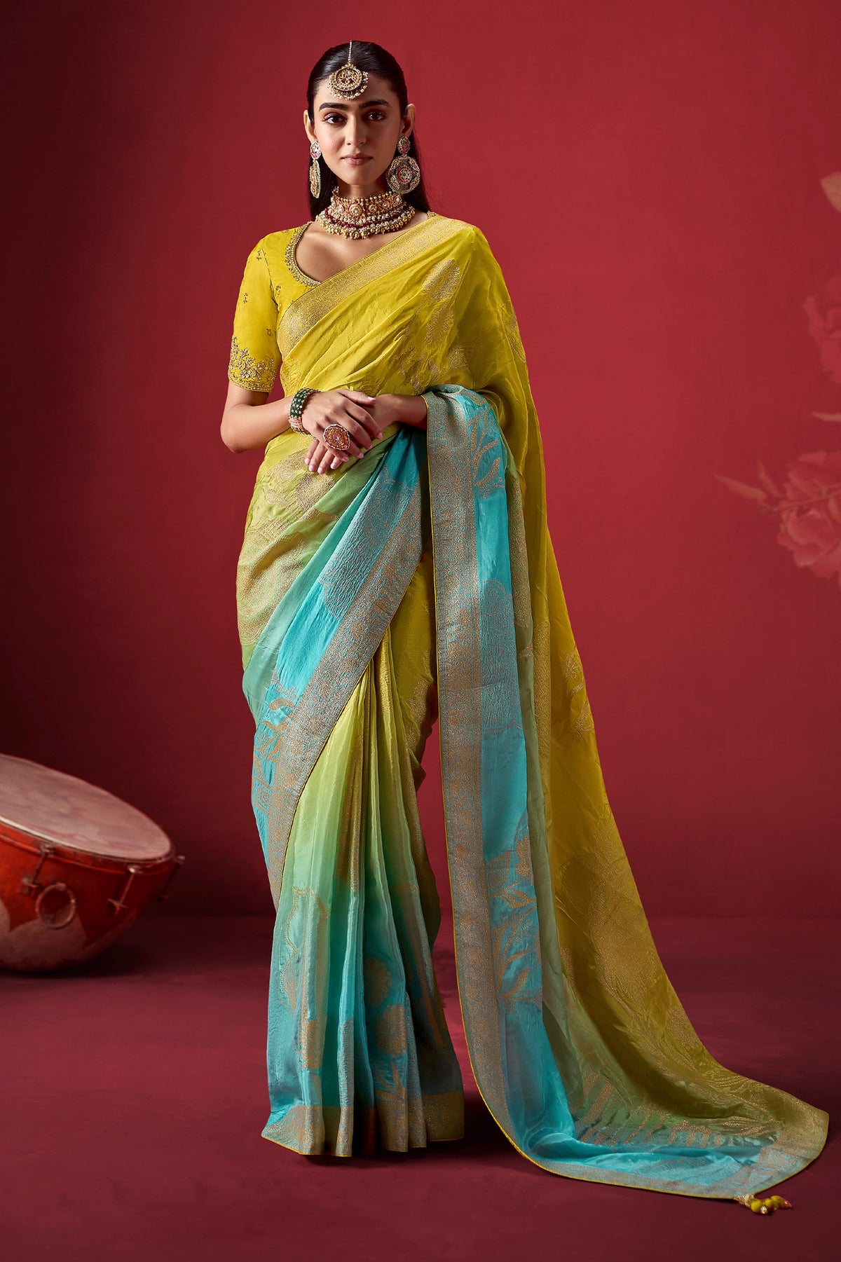 Lime Yellow and Blue Ombre Woven Dola Crape Soft Silk