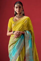 Lime Yellow and Blue Ombre Woven Dola Crape Soft Silk