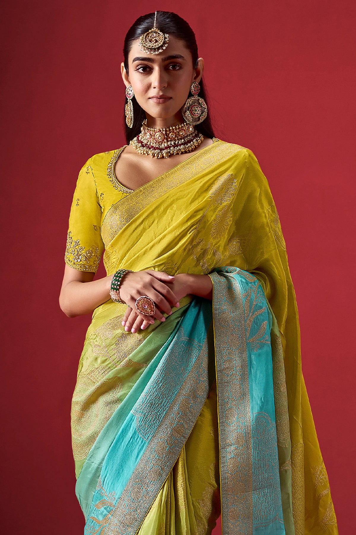 Lime Yellow and Blue Ombre Woven Dola Crape Soft Silk