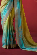 Lime Yellow and Blue Ombre Woven Dola Crape Soft Silk