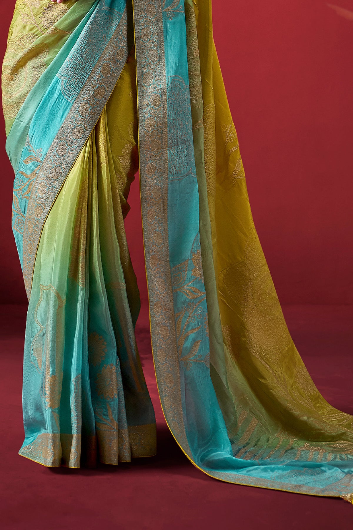 Lime Yellow and Blue Ombre Woven Dola Crape Soft Silk