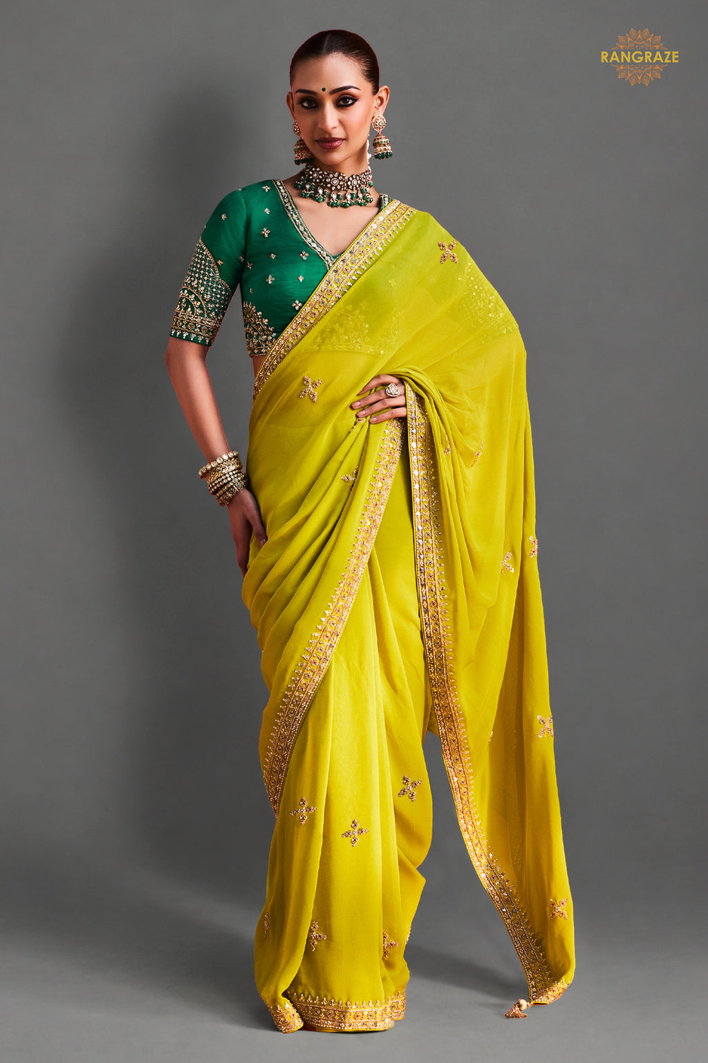 Lime Green Embroidered Silk Saree With Designer Border