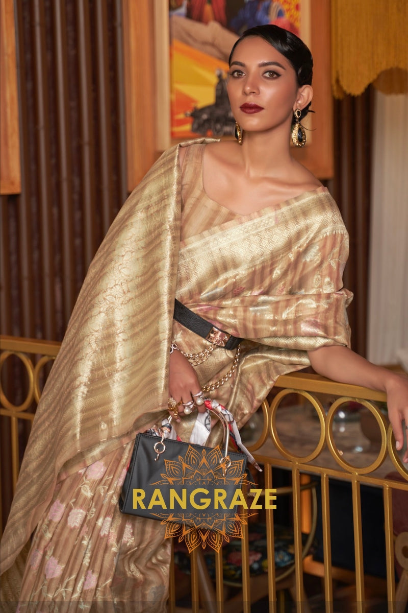 Classy Beige Woven Linen Silk Saree With Floral Work