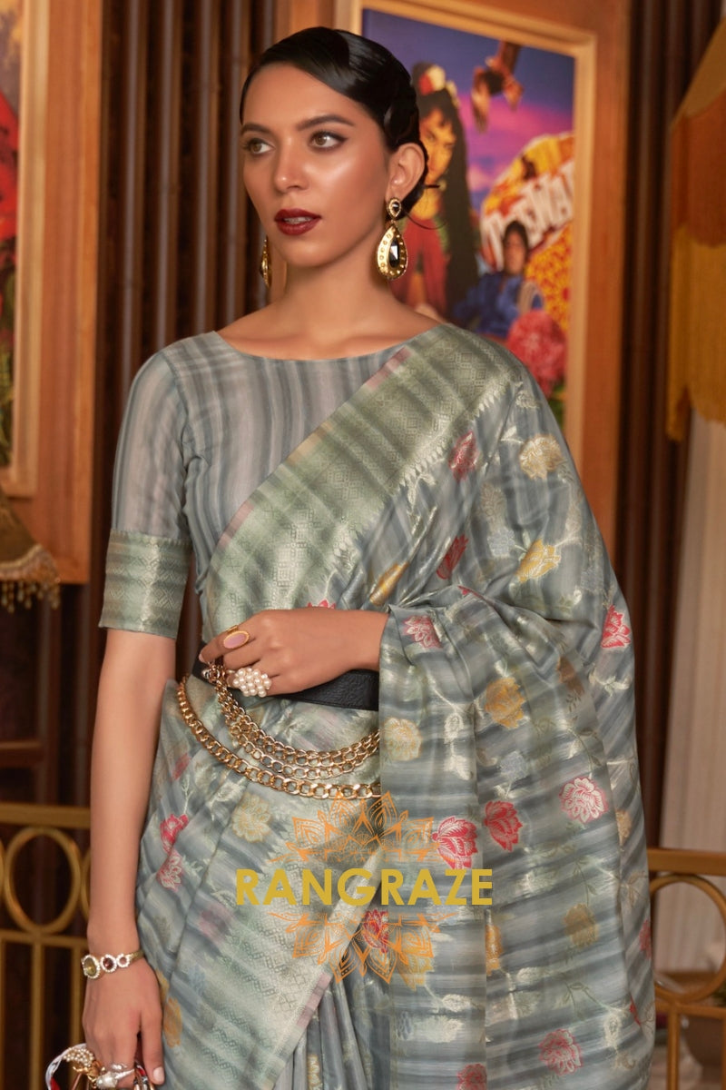 Classy Grey Woven Linen Silk Saree With Floral Work