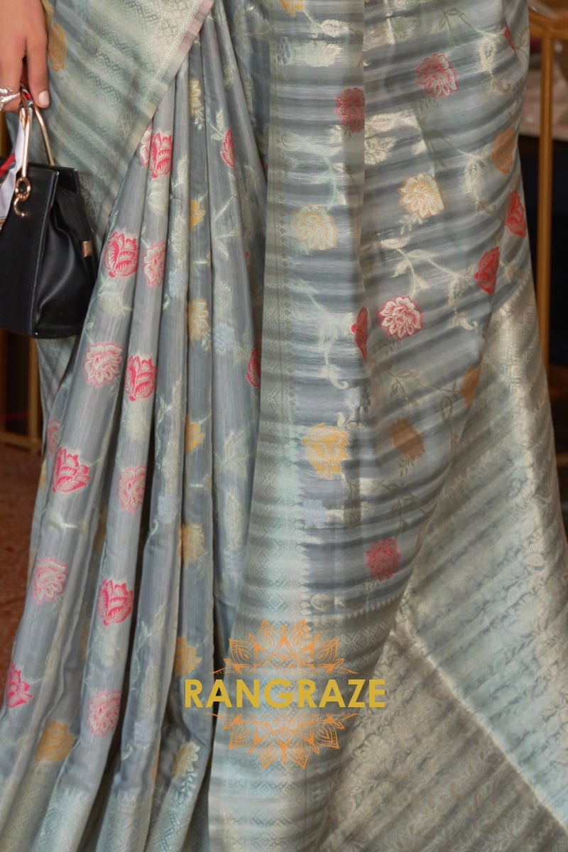 Classy Grey Woven Linen Silk Saree With Floral Work