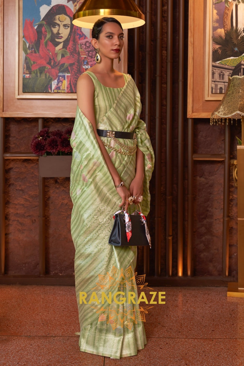 Classy Light Green Woven Linen Silk Saree With Floral Work