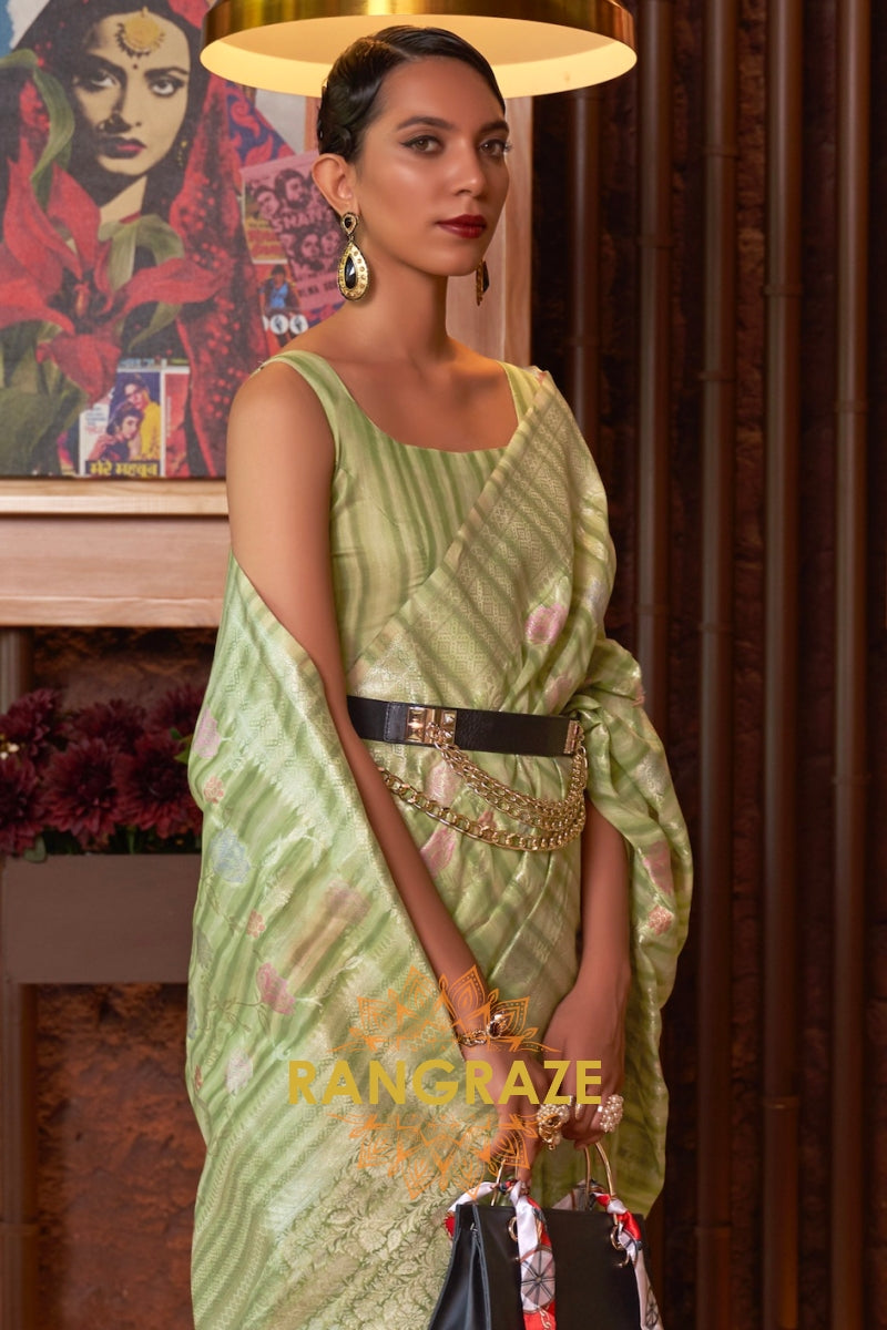 Classy Light Green Woven Linen Silk Saree With Floral Work