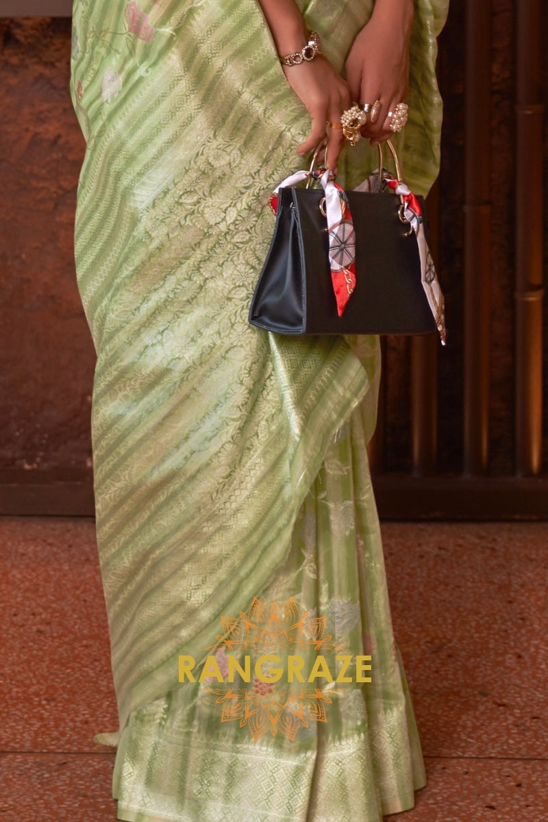 Classy Light Green Woven Linen Silk Saree With Floral Work