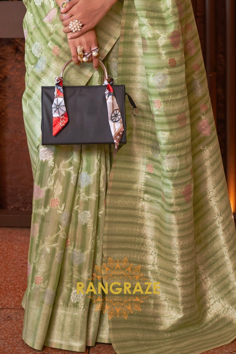 Classy Light Green Woven Linen Silk Saree With Floral Work