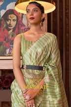 Classy Light Green Woven Linen Silk Saree With Floral Work