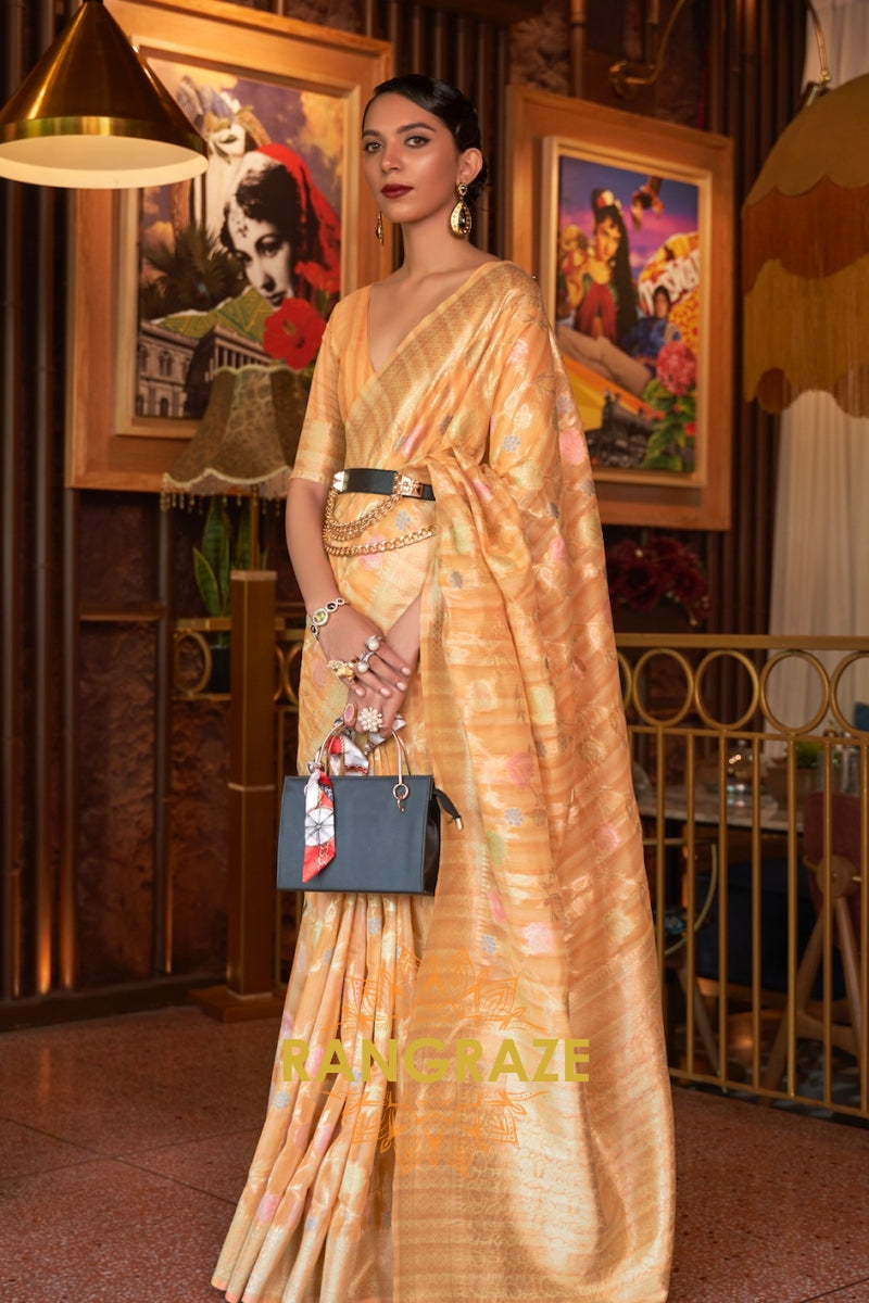 Classy Yellow Woven Linen Silk Saree With Floral Work