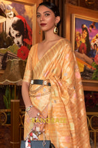 Classy Yellow Woven Linen Silk Saree With Floral Work