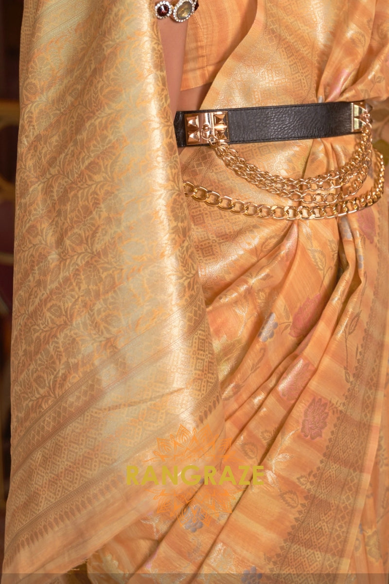 Classy Yellow Woven Linen Silk Saree With Floral Work