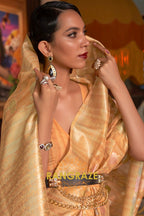 Classy Yellow Woven Linen Silk Saree With Floral Work