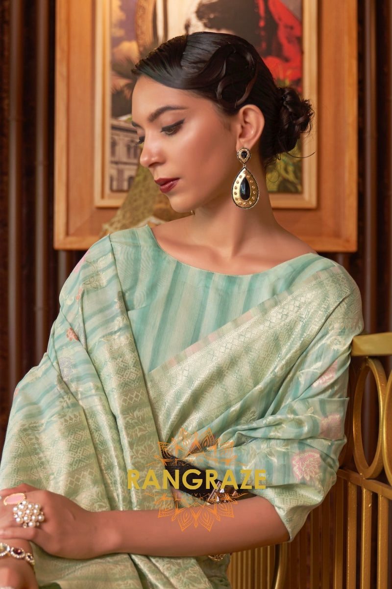 Classy Turquoise Blue Woven Linen Silk Saree With Floral Work