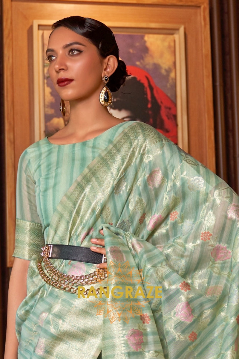 Classy Turquoise Blue Woven Linen Silk Saree With Floral Work