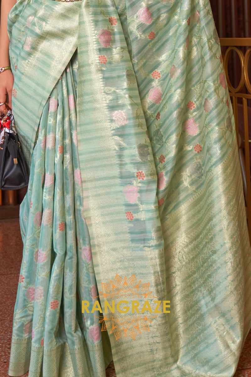 Classy Turquoise Blue Woven Linen Silk Saree With Floral Work
