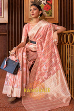 Classy Peach Pink Woven Linen Silk Saree With Floral Work
