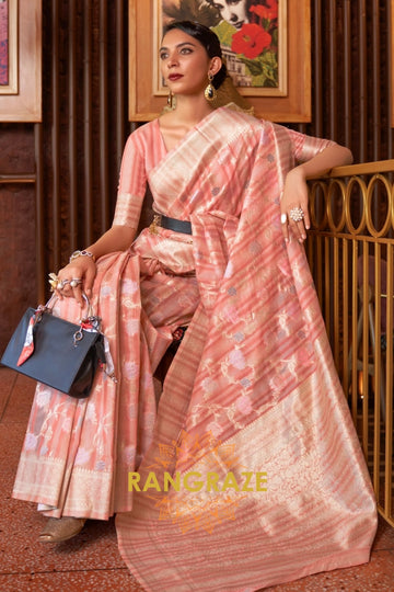 Classy Peach Pink Woven Linen Silk Saree With Floral Work