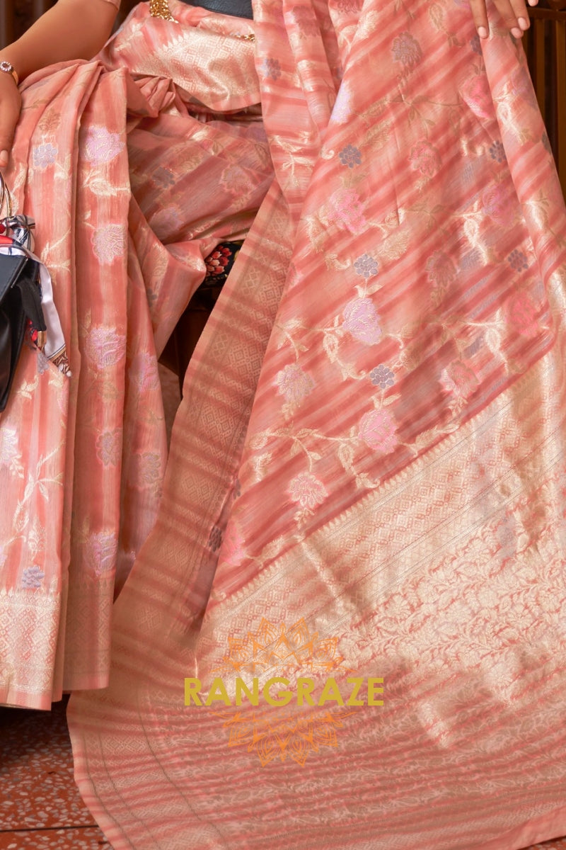 Classy Peach Pink Woven Linen Silk Saree With Floral Work