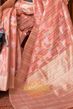 Classy Peach Pink Woven Linen Silk Saree With Floral Work