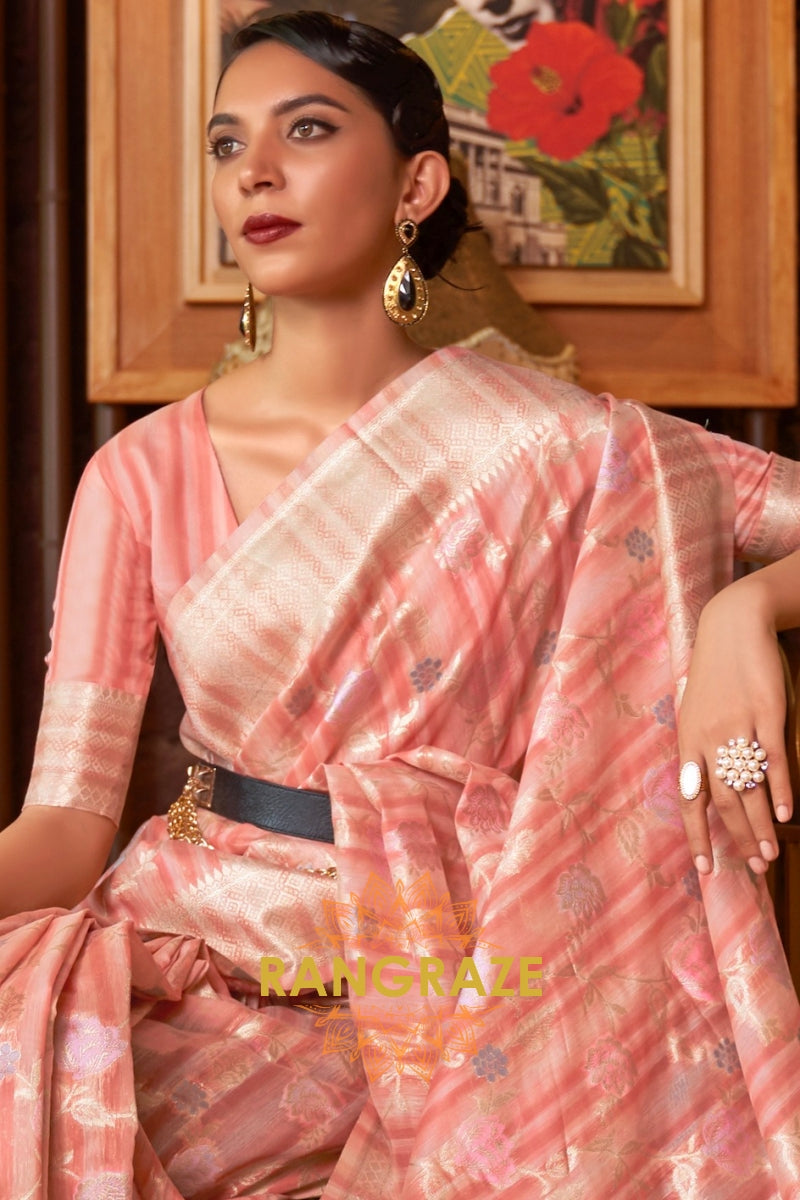 Classy Peach Pink Woven Linen Silk Saree With Floral Work