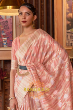 Classy Peach Pink Woven Linen Silk Saree With Floral Work
