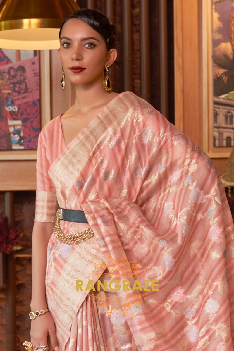 Classy Peach Pink Woven Linen Silk Saree With Floral Work