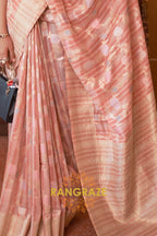 Classy Peach Pink Woven Linen Silk Saree With Floral Work