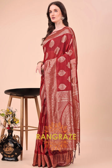Maroon Red Woven Banarasi Cotton Saree