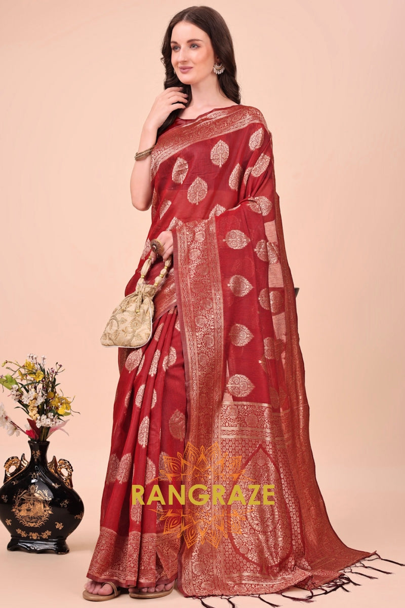 Maroon Red Woven Banarasi Cotton Saree