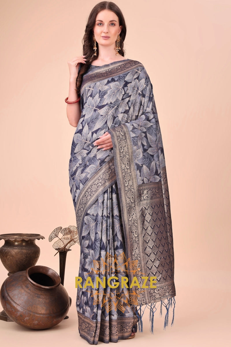 Midnight Indigo Floral Cotton Saree