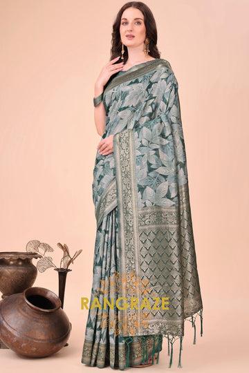Dusty Teal Leaf Woven Cotton Saree