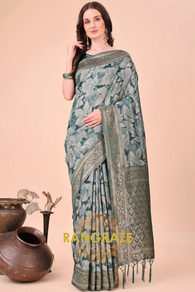 Dusty Teal Leaf Woven Cotton Saree