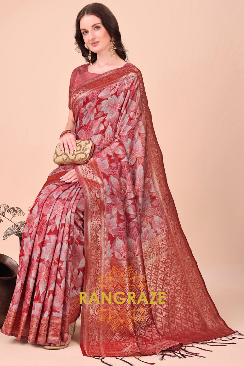 Crimson Bloom Cotton Saree