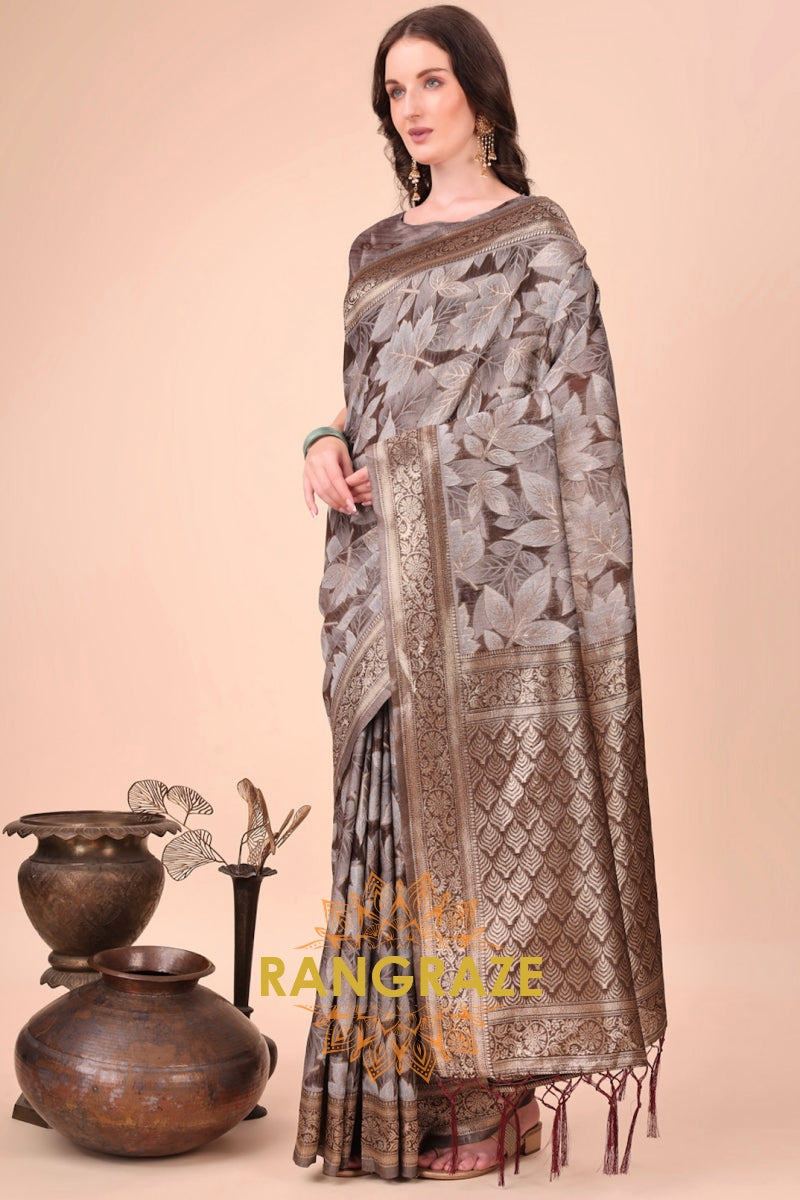 Earthy Bronze Floral Weave Cotton Saree
