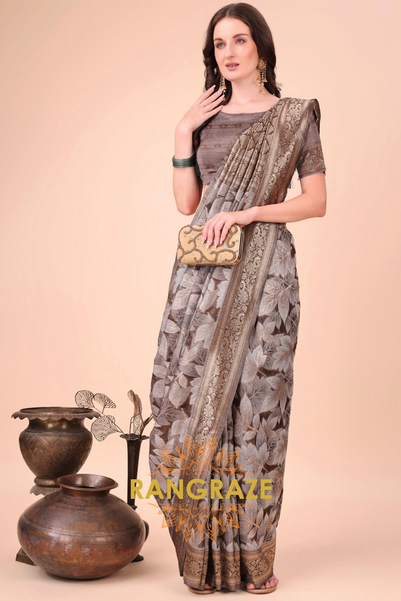 Earthy Bronze Floral Weave Cotton Saree