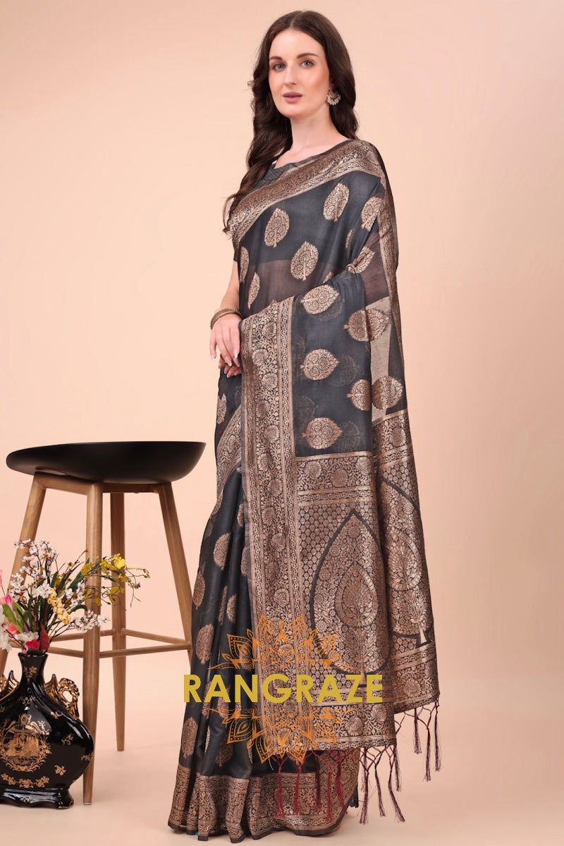 Midnight Charcoal Cotton Banarasi Saree