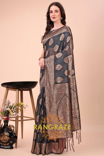 Midnight Charcoal Cotton Banarasi Saree