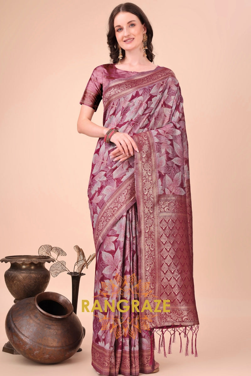 Vintage Mauve Cotton Saree with Floral Impressions