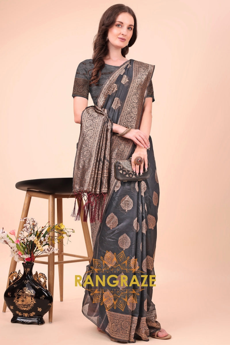 Midnight Charcoal Cotton Banarasi Saree