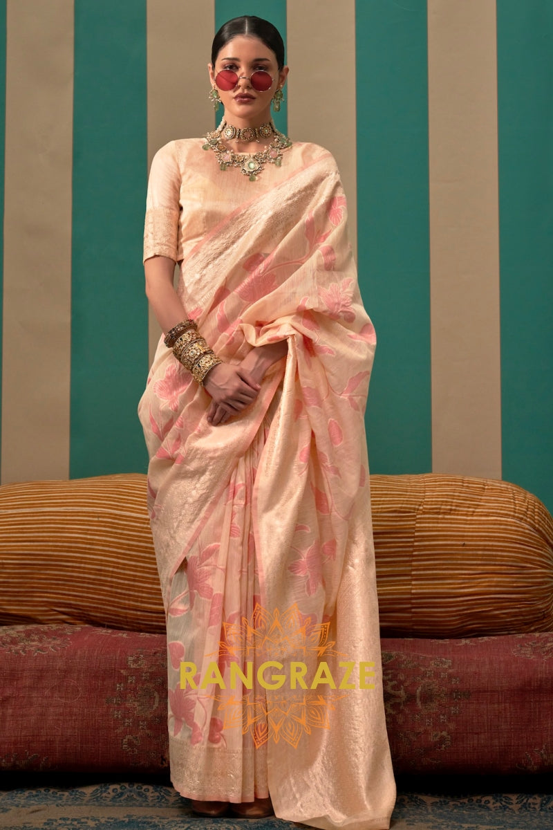 Peach Pink Floral Woven Linen Silk Saree